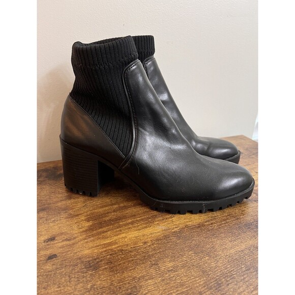 Zara Track Sole Black Sock Boot Size 38 Moto Combat Boots Slip On Heeled - Picture 3 of 16